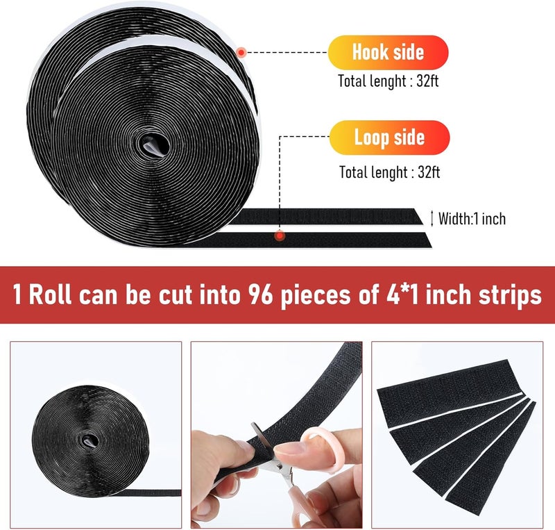 PTUNA 32Ft *1 Inch Hook and Loop Tape with Adhesive Back, Heavy Duty Double Sided Adhesive Strips, Strong Sticky Strips Roll for Home/Office/School/Car, Black - Image 2